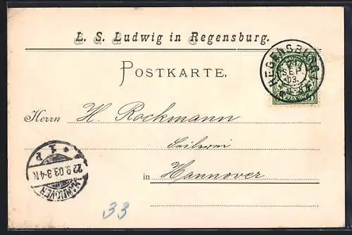 AK Regensburg, Korrespondenzkarte L. S. Ludwig, Zahlungsbuchung