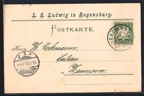 AK Regensburg, Korrespondenzkarte L. S. Ludwig, Bestätigung einer Zahlungsanweisung