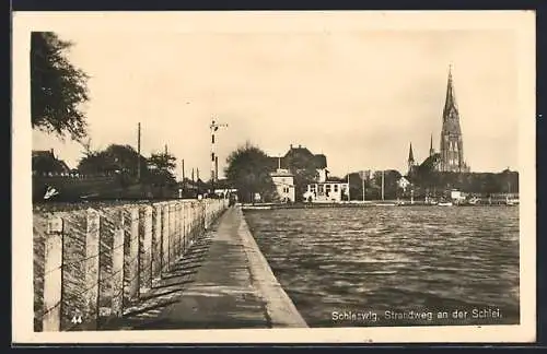 AK Schleswig, Strandweg an der Schlei mit Blick nach dem Dom