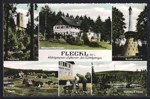 AK Fleckl /Fichtelgebirge, Gasthof Fleckl, Rundfunkturm, Waldbad und Asenturm