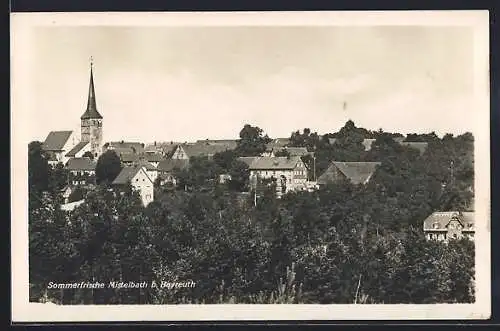 AK Mistelbach, Teilansicht mit Kirche aus der Vogelschau