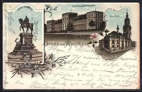 Lithographie Mannheim, Kaiser-Denkmal, Schloss Gartenseite, Neue Kirche