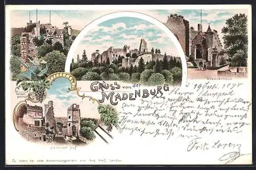Lithographie Madenburg, Brunnenhaus, Innerer Hof der Burg