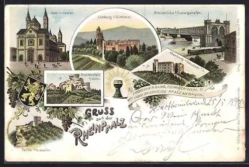 Lithographie Dürkheim, Dom in Speier, Limburg, Rheinbrücke, Drachenfels, Trifels, Maxburg