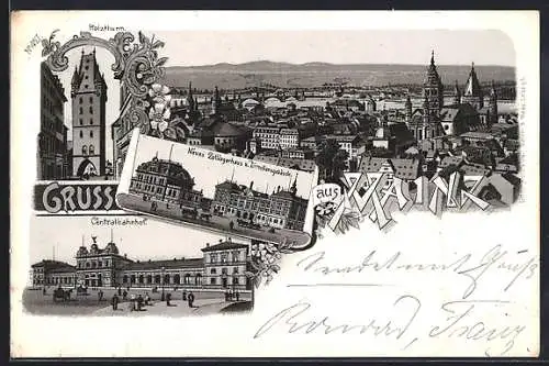 Lithographie Mainz, Ortsansicht, Centralbahnhof, Neues Zolllagerhaus & Directionsgebäude