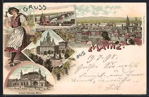 Lithographie Mainz, Dom und Gutenbergdenkmal, Stadthalle