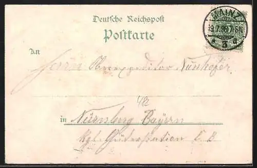 Lithographie Mainz, Dom und Gutenbergdenkmal, Stadthalle