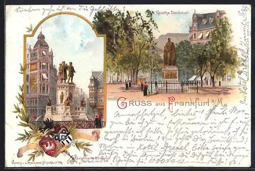 Lithographie Frankfurt /Main, Goethe & Gutenberg-Denkmal, Wappen