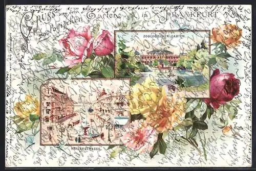 Passepartout-Lithographie Frankfurt a. M., Kaiserstrasse und Zoologischer Garten, Rosen