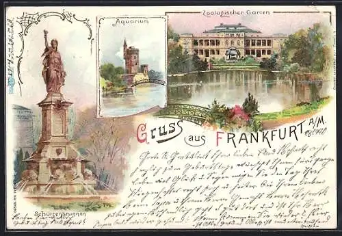 Künstler-AK Frankfurt-Ostend, Ruine mit Weiher, Zoologischer Garten und Schützenbrunnen