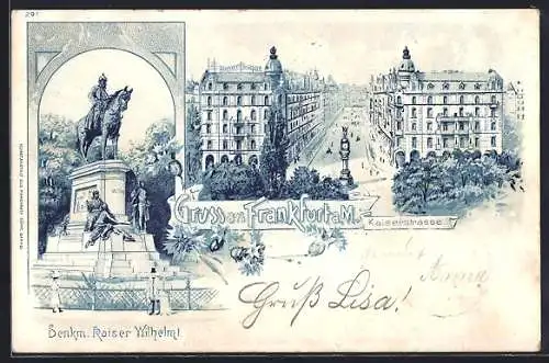 Lithographie Frankfurt /Main, Kaiserstrasse und Kaiser Wilhelm I. Denkmal