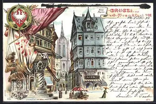 Lithographie Alt-Frankfurt, Alter Markt, Schweine-Schlächterei u. Wurst Fabrik C. G. Hartmann