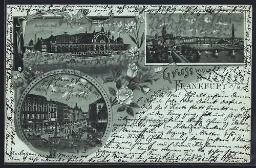 Mondschein-Lithographie Frankfurt a. M., Hauptbahnhof, Flusspartie mit Brücke, Marktplatz