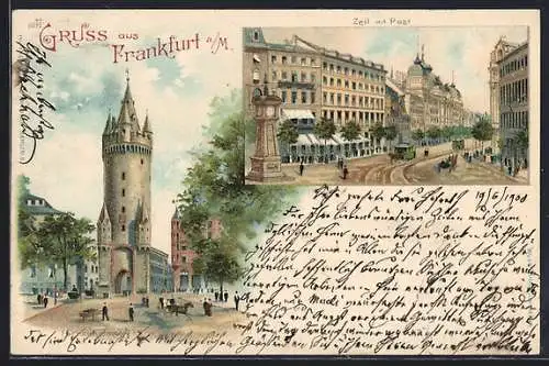 Lithographie Frankfurt /Main, Eschenheimer Turm, Zeil mit Post & Pferdebahn