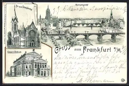 Lithographie Frankfurt /Main, Peterskirche, Opernhaus und Mainansicht