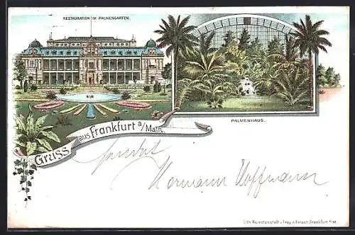 Lithographie Frankfurt-Westend, Restauration im Palmengarten und Innenansicht vom Palmenhaus