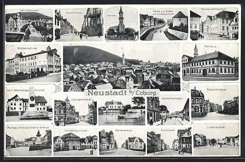 AK Neustadt b. Coburg, Generalansicht, die Knabenschule, an der Kirche, Partie a. d. Röden mit Lindenstrasse, Rathaus