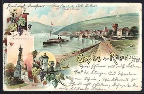 Lithographie Rüdesheim am Rhein, Uferpartie mit Dampfer, National-Denkmal, Wein