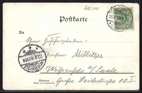 Lithographie Rüdesheim am Rhein, Uferpartie mit Dampfer, National-Denkmal, Wein
