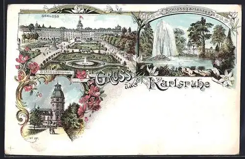 Lithographie Karlsruhe, Schloss mit Schlossgartensee und Schlossturm