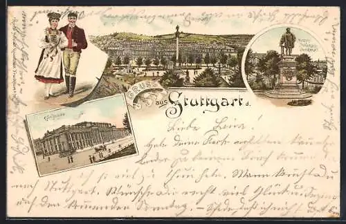 Lithographie Stuttgart, Schlossplatz, Herzog Christoph-Denkmal und Königsbau