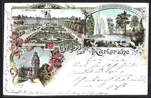 Lithographie Karlsruhe, Schloss mit Schlossgartensee und Schlossturm