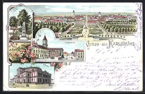 Lithographie Karlsruhe, Ortsansicht, Blick auf Kriegerdenkmal, Hoftheater und Marktplatz