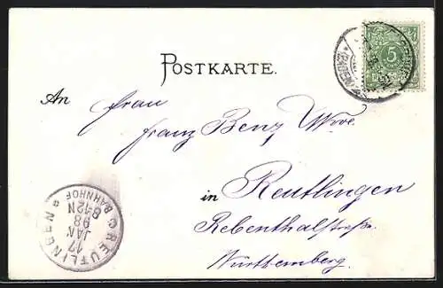 Lithographie Karlsruhe, Ortsansicht, Blick auf Kriegerdenkmal, Hoftheater und Marktplatz