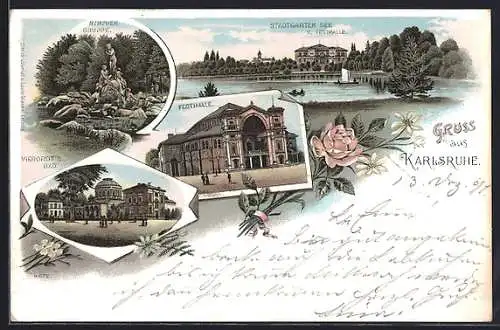 Lithographie Karlsruhe, Stadtgarten-See und Festhalle, Vierordt`s Bad, Nymphen-Gruppe