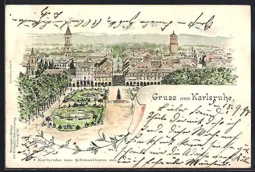 Lithographie Karlsruhe, Totalansicht aus der Vogelschau