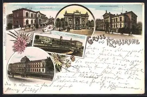 Lithographie Karlsruhe, Kunsthalle, Generalcommando, Malsch Brunnen, Friedrichsplatz