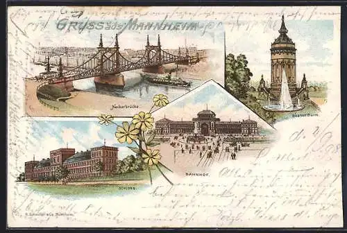 Lithographie Mannheim, Neckarbrücke, Bahnhof, Schloss