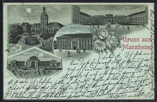 Mondschein-Lithographie Mannheim, Paradeplatz mit Kaufhaus, Zeughaus, Schlosshof, Bahnhof