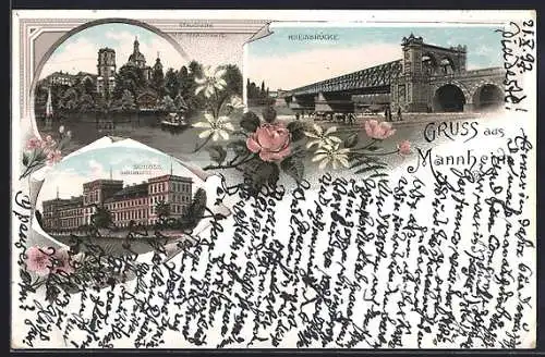 Lithographie Mannheim, Die Rheinbrücke, Stadtpark mit Sternwarte, Schloss Gartenseite