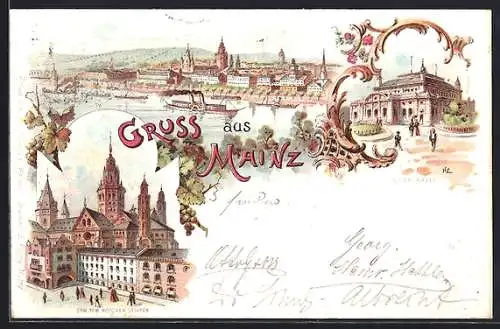 Lithographie Mainz, Totalansicht, Dom und Stadthalle