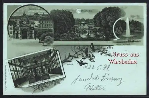 Mondschein-Lithographie Wiesbaden, Kursaalplatz, Kochbrunnen und Quelle, Grosse Fontäne