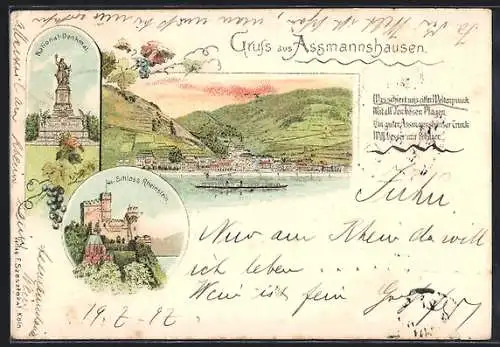 Lithographie Assmannshausen, National-Denkmal, Schloss Rheinstein, Flusspartie