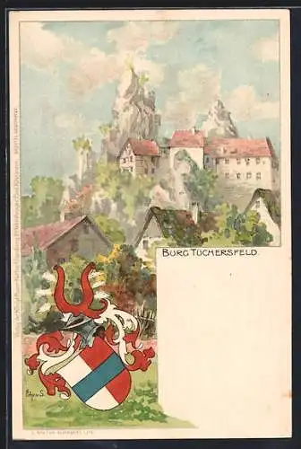 Lithographie Tüchersfeld, Blick auf die Burg, Wappen