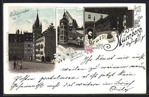 Lithographie Nürnberg, Germanisches Museum, Burghof, Rathaus