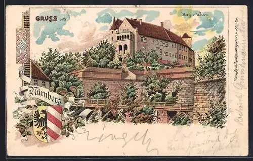 Lithographie Nürnberg, Burg von Westen, Wappen