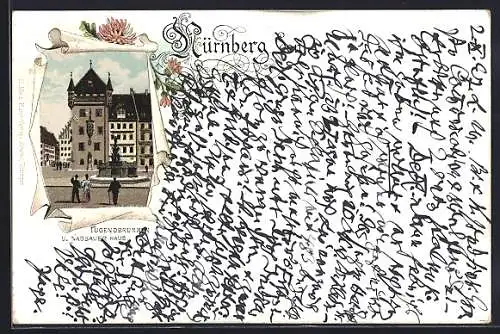 Lithographie Nürnberg, Tugendbrunnen und Nassauer Haus