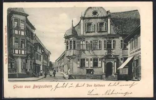 AK Bergzabern, Strassenpartie mit Geschäft und Rathaus