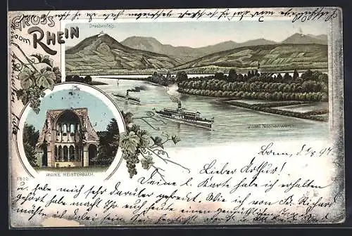 Lithographie Heisterbach /Rhein, Ruine Heisterbach, Panorama mit Drachenfels