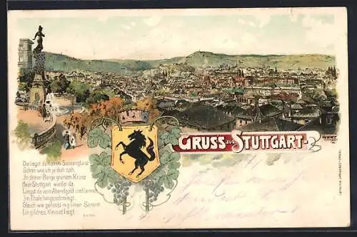 Lithographie Stuttgart, Gesamtansicht der Stadt mit Wappen