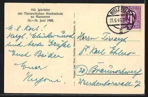 AK Hannover, 150 Jahrfeier der Tierärztlichen Hochschule 1928, Haupt- und Verwaltungsgebäude