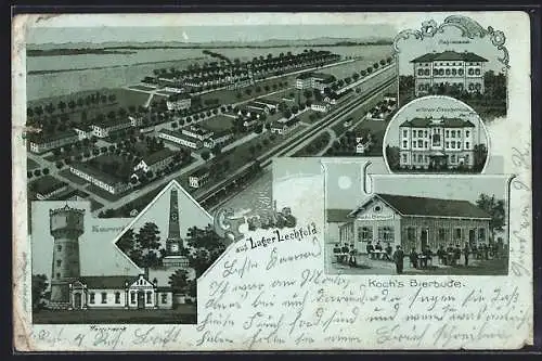 Mondschein-Lithographie Lager Lechfeld, Gasthaus Bierbude Koch, Wasserwerk, Offiziers-Dienstgebäude