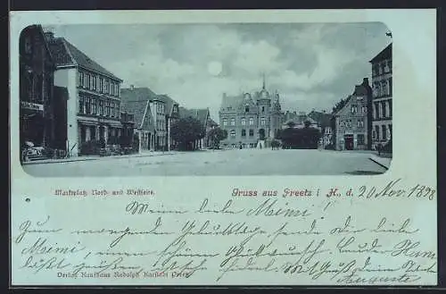 Mondschein-AK Preetz i. H., Marktplatz, Nord- und Westseite