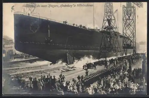 Künstler-AK Felix Schwormstädt: Wilhelmshaven, Stapellauf des Kriegsschiffes Hindenburg