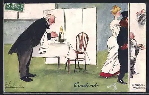 Künstler-AK L. Thackeray: Kellner verabschiedet ein elegantes Paar