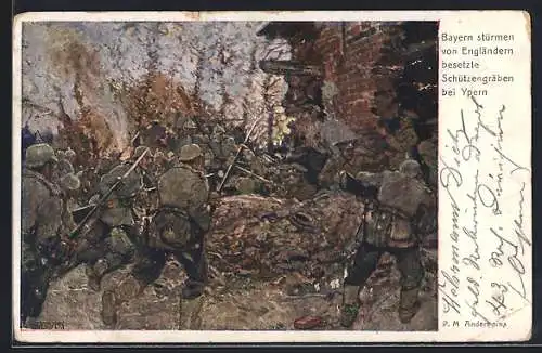 AK Rotes Kreuz Nr. 233, Bayern stürmen von Engländern besetzte Schützengräben bei Ypern